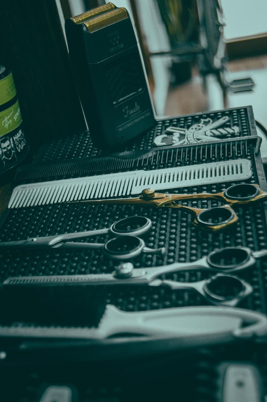 Scissors and grooming tools arranged on the station