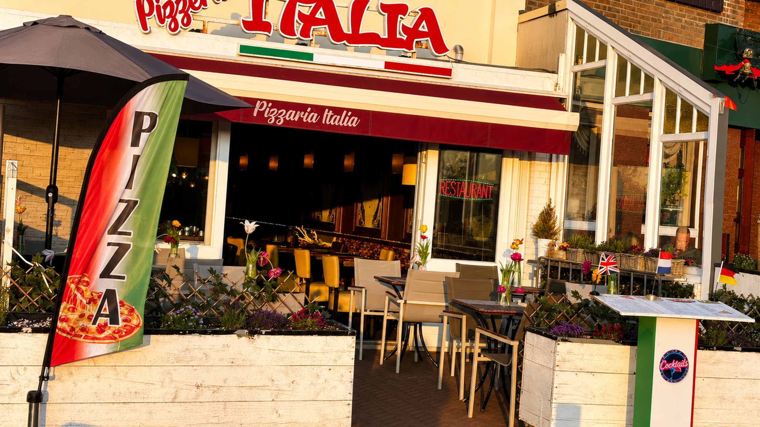 Gevel en terras van Pizzeria Italia aan het Palaceplein in Noordwijk
