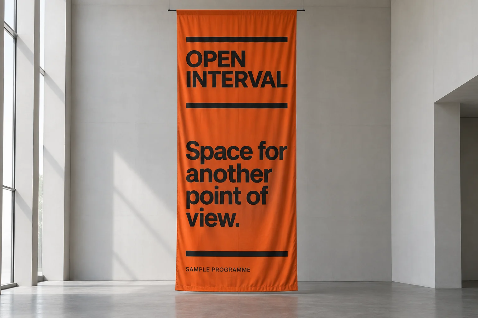 AI-generated orange fabric display banner for fictional Open Interval, reading Space for another point of view, in an empty illustrative interior.