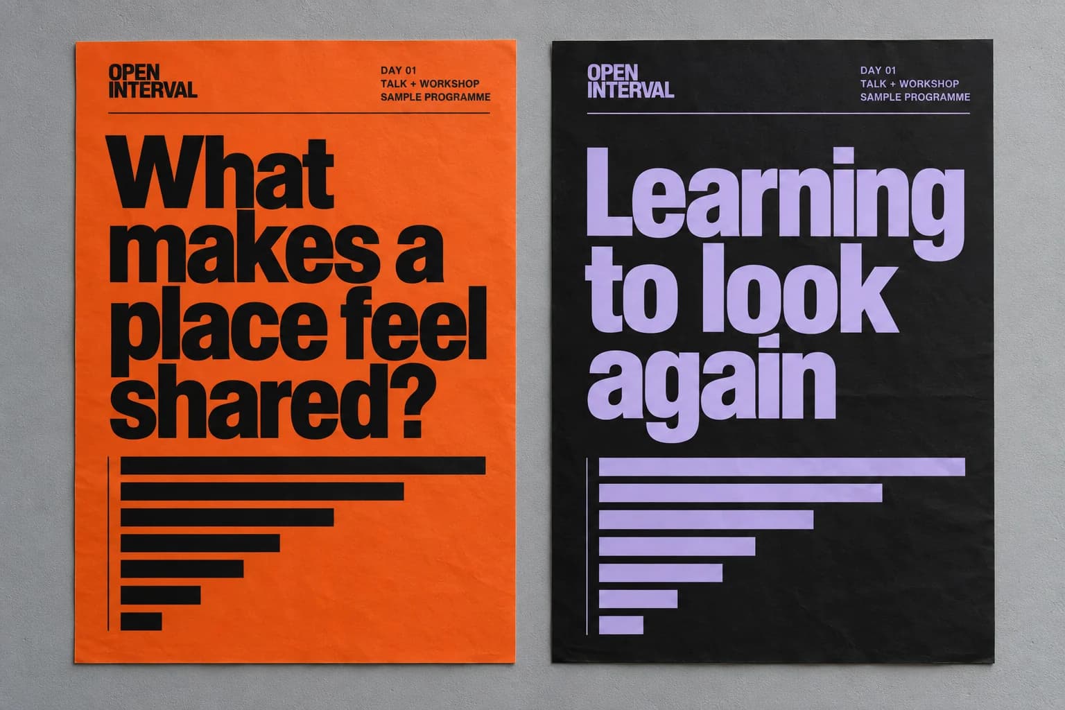 AI-generated mockup of two fictional Open Interval programme posters: one orange and black, one black and lilac.