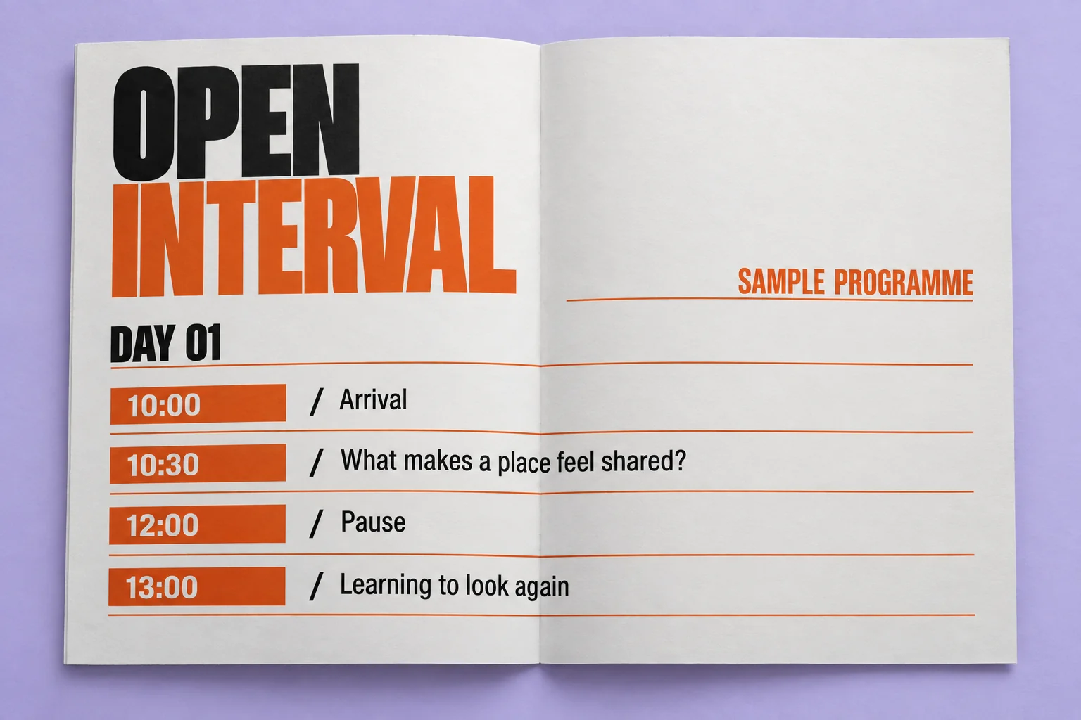 AI-generated open programme sheet on lilac, showing sample arrival, talk, pause and workshop times.