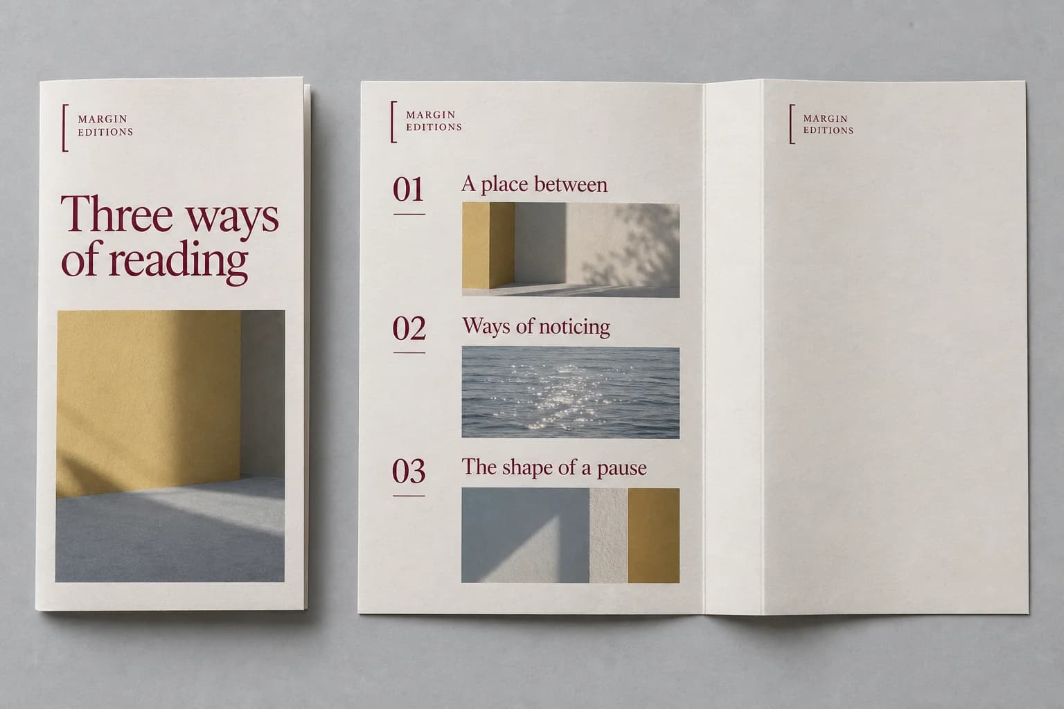 AI-generated folded Margin Editions catalogue with a three-title contents list and muted blue, yellow and oxblood panels.
