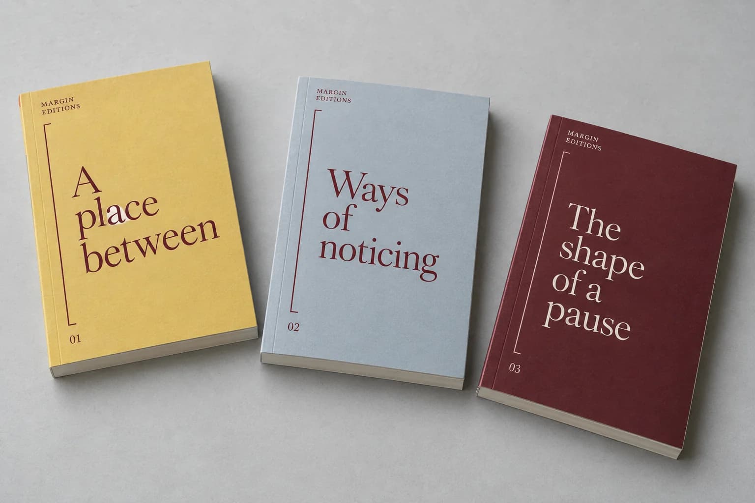 AI-generated mockup of three fictional Margin Editions books in yellow, blue and oxblood, with distinct titles and a shared margin device.