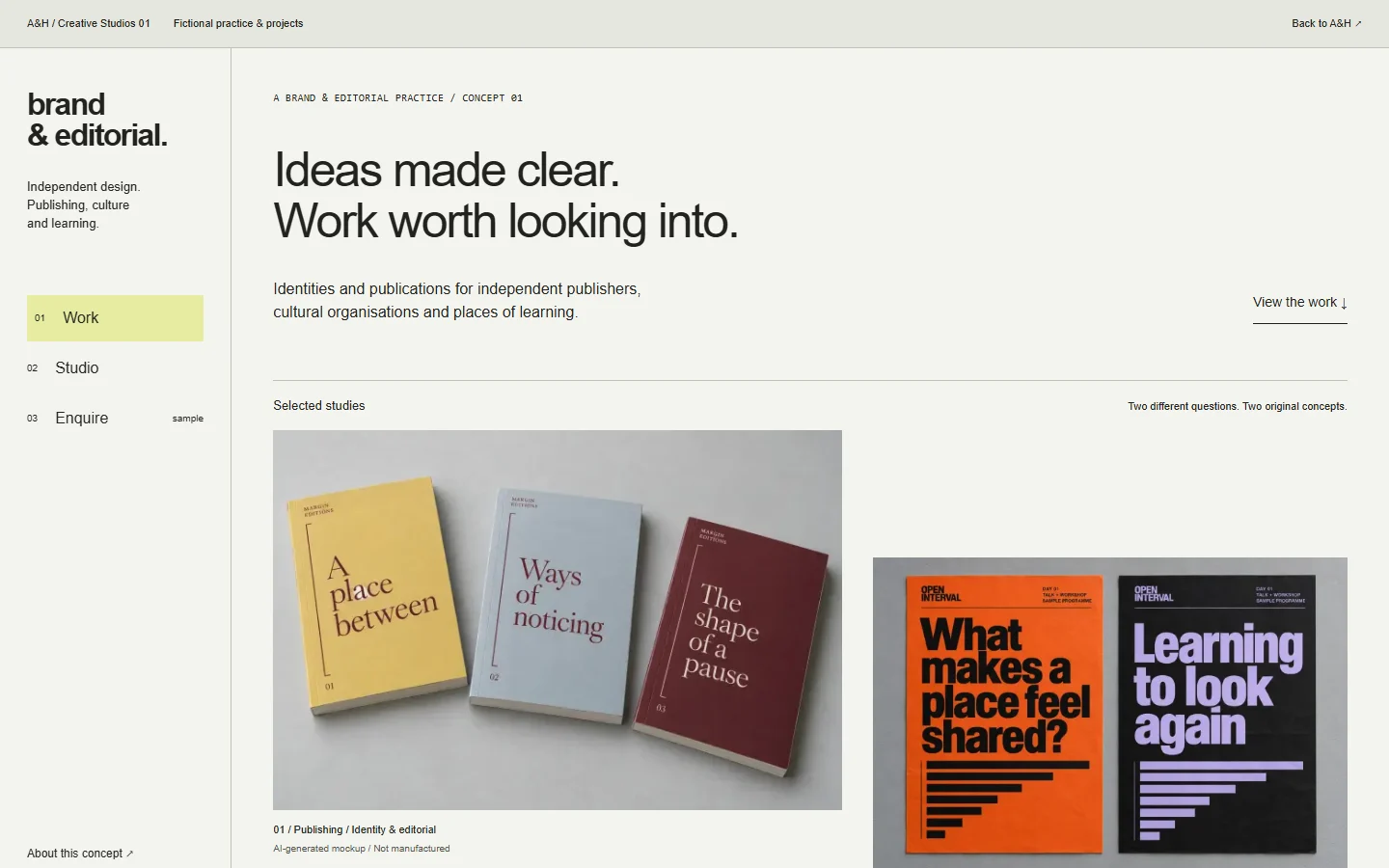 The fictional Brand and Editorial studio concept website and its portfolio