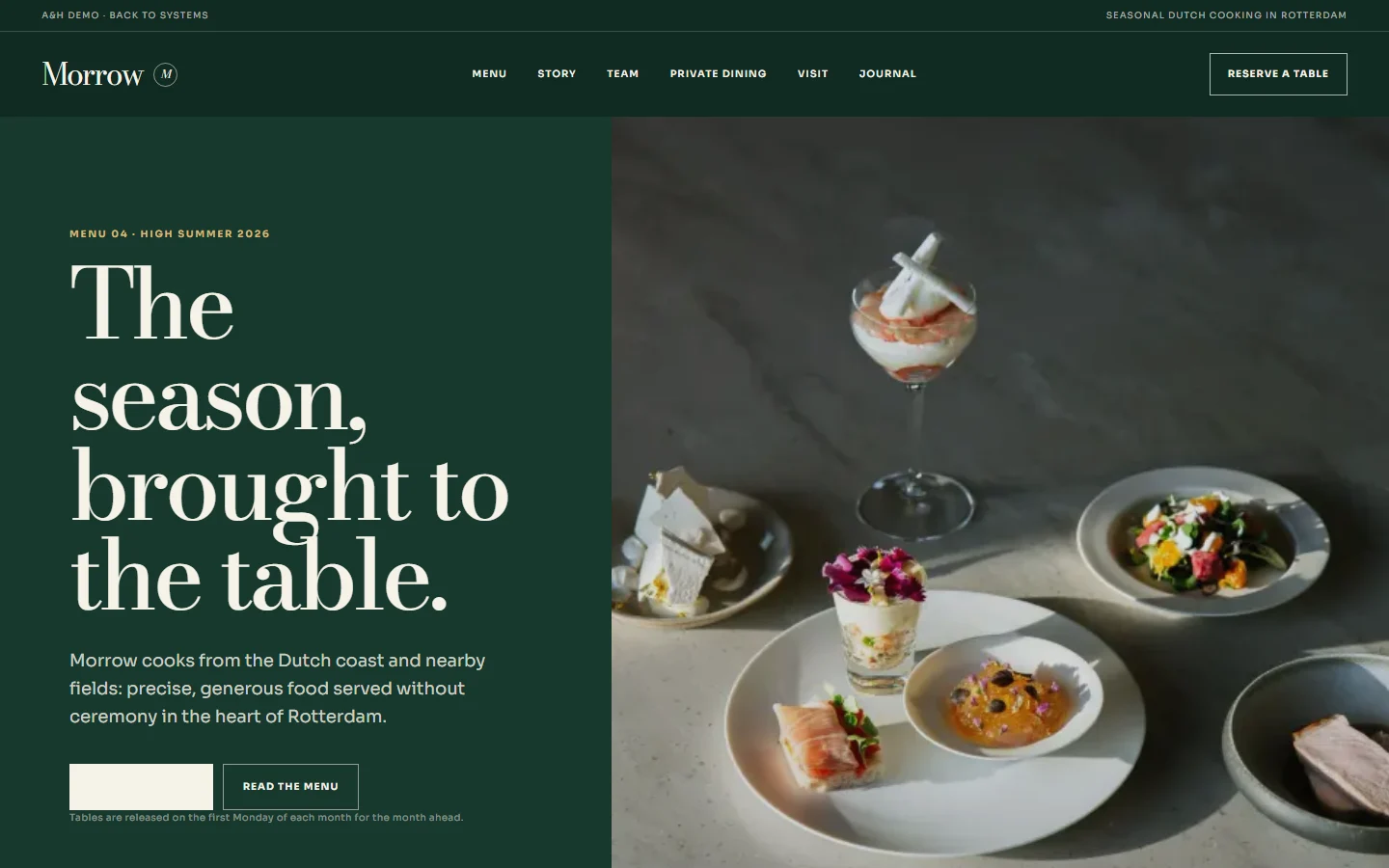 The Morrow restaurant website, an original Cultural House demonstration