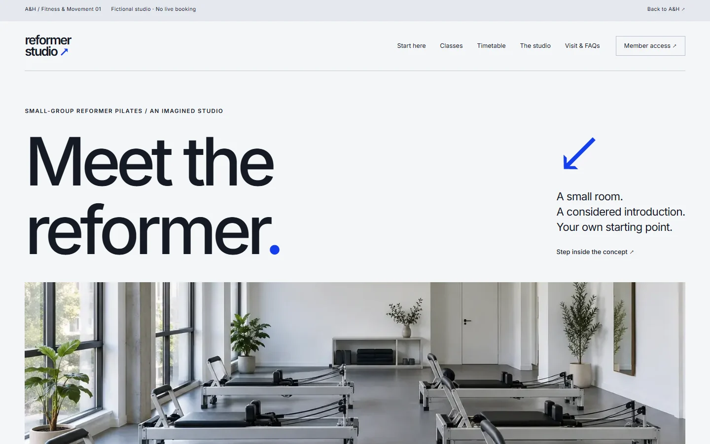 The fictional Reformer Studio concept website, with its first-visit introduction