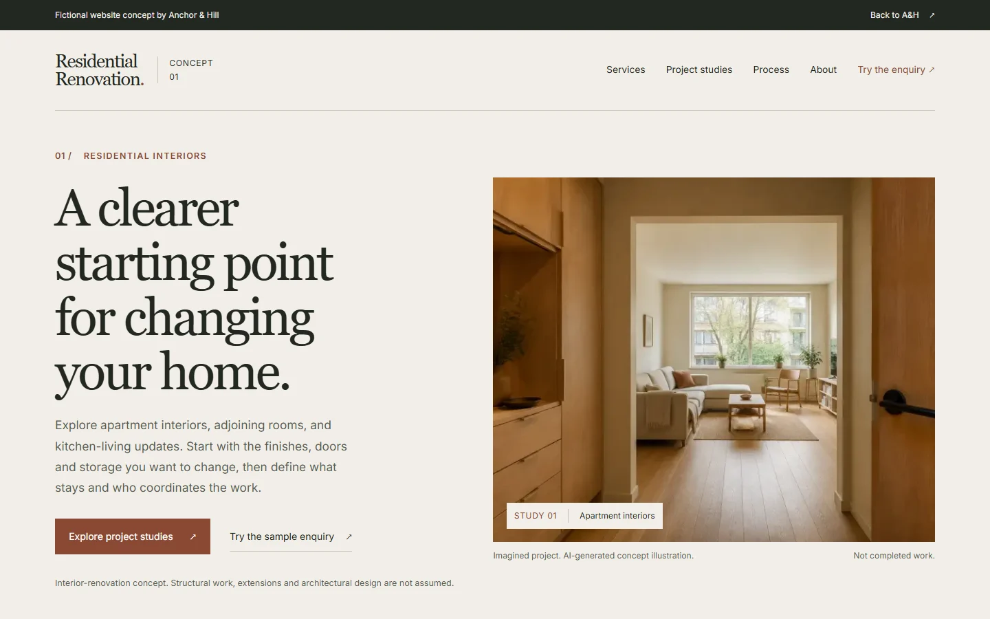 The fictional Residential Renovation concept website, with an illustrated interior
