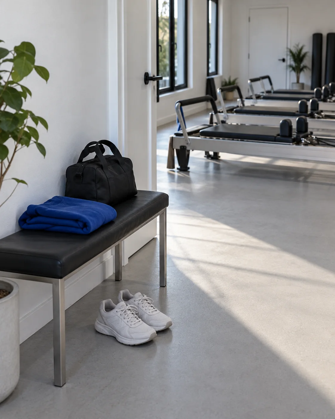 AI-generated concept of a small bag, folded blue layer and everyday shoes beside a studio doorway.