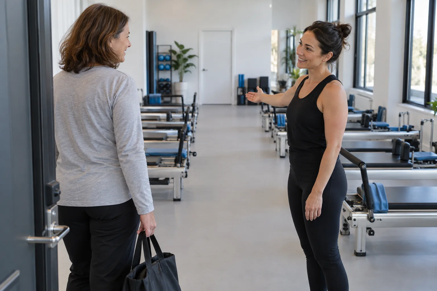 AI-generated concept of an adult arriving with a bag while a teacher welcomes them into the studio.