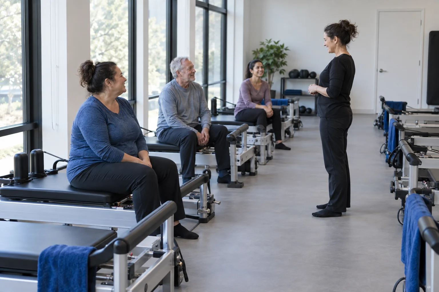 AI-generated concept of three adults taking a seated pause on separate reformers while a teacher speaks.