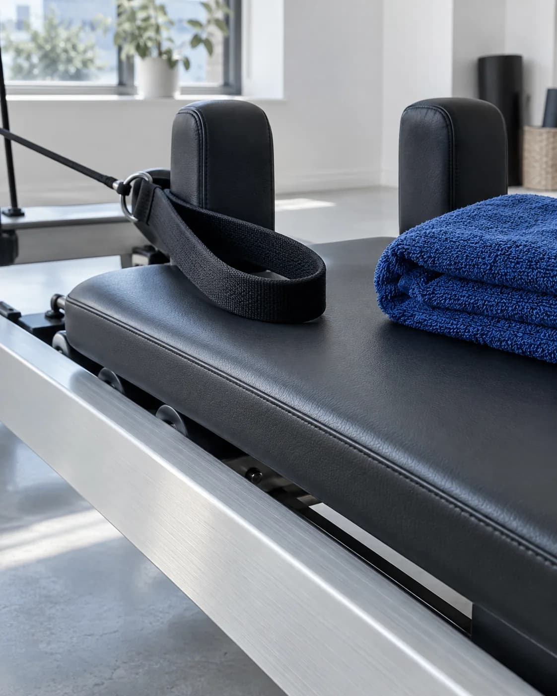 AI-generated concept of a black reformer carriage, strap and folded cobalt towel.