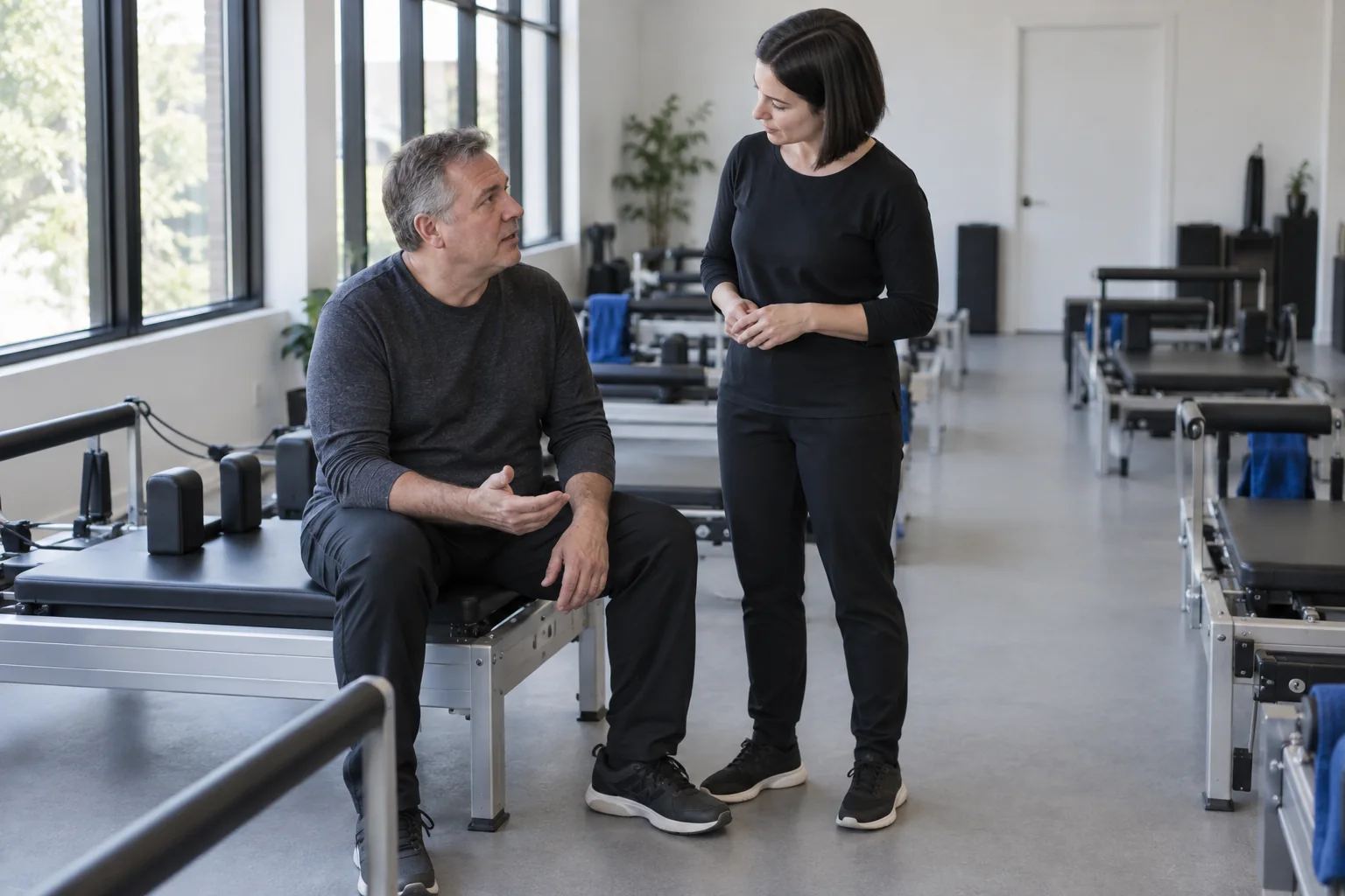 AI-generated concept of a middle-aged visitor seated beside a teacher, asking a question before a private session.