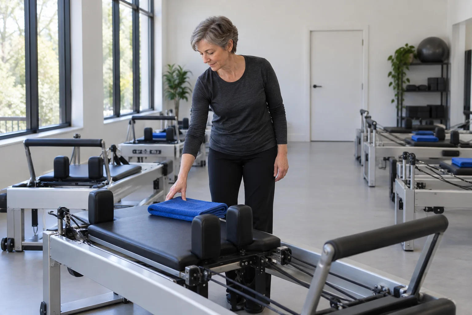 AI-generated concept of an older adult teacher placing a folded cobalt cloth on a reformer before visitors arrive.
