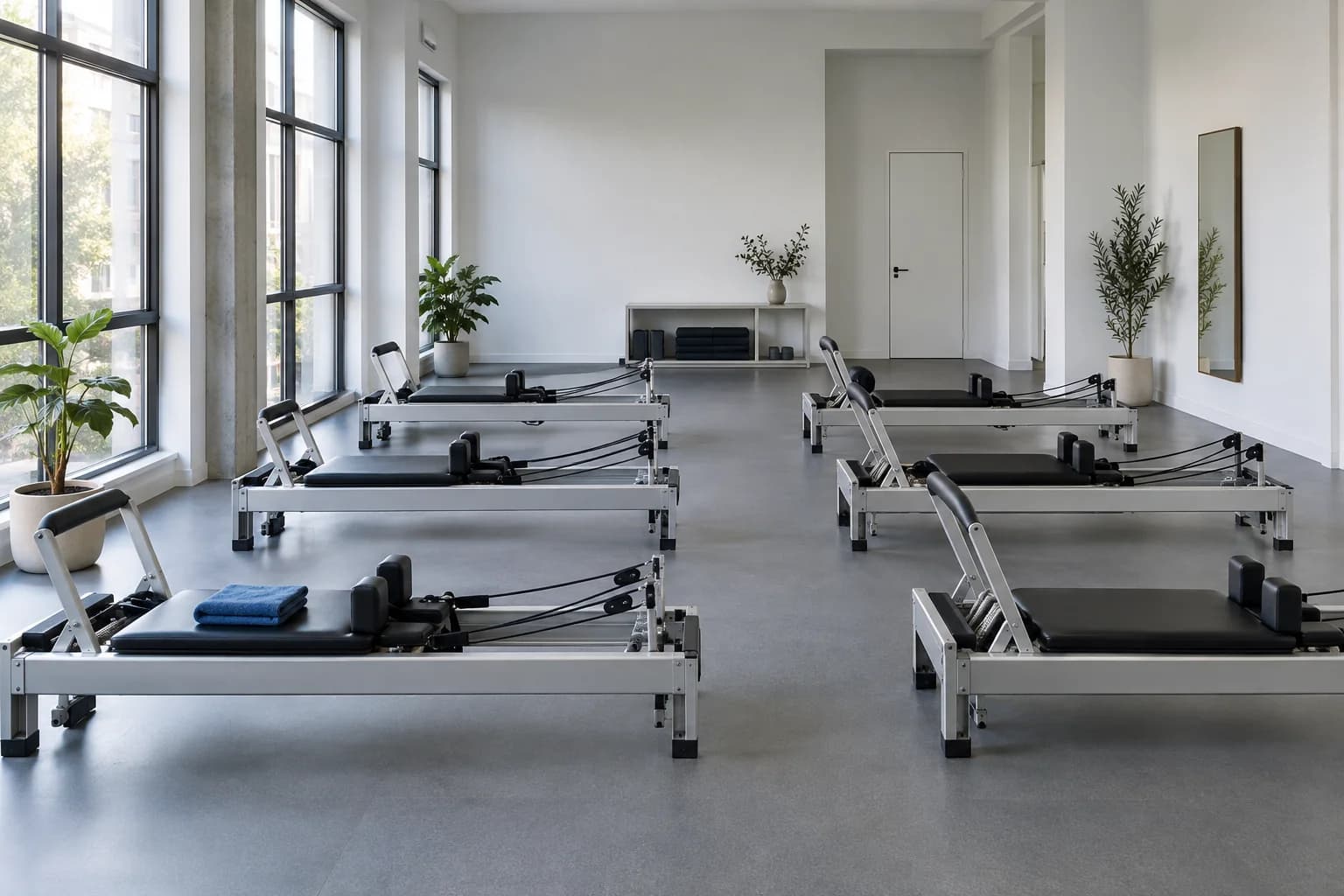 AI-generated concept of a bright studio with six aluminium and black reformers and a cobalt towel.