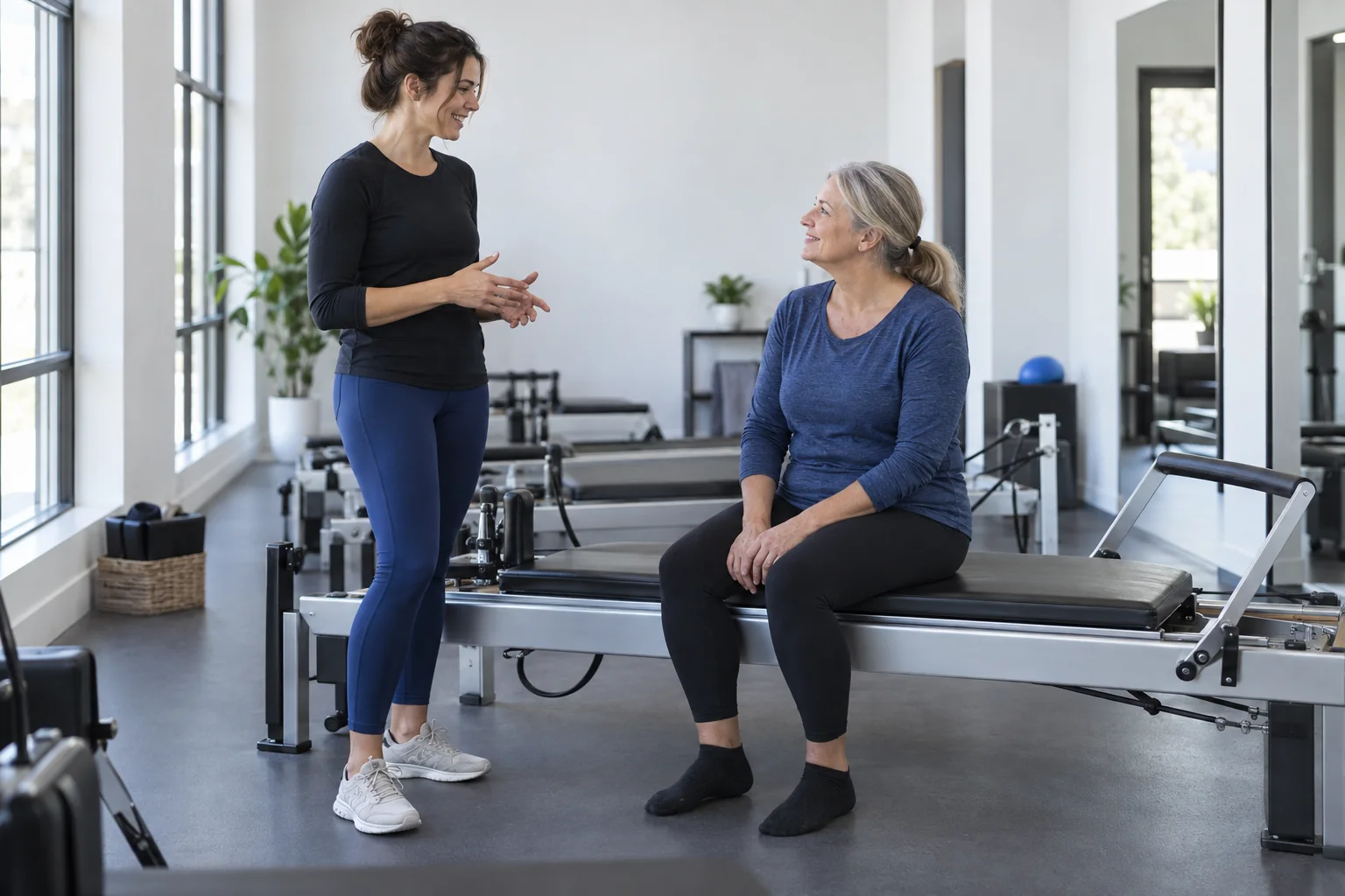 AI-generated concept of an adult teacher and a visitor talking beside a reformer.