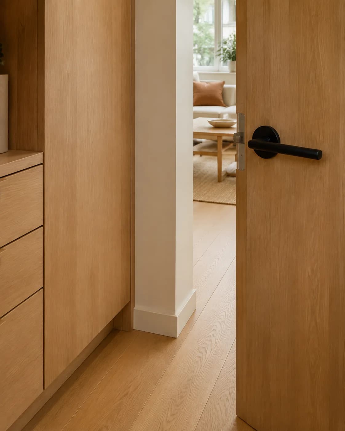 Concept illustration of pale oak entrance storage, a dark door lever and the continuous oak floor.