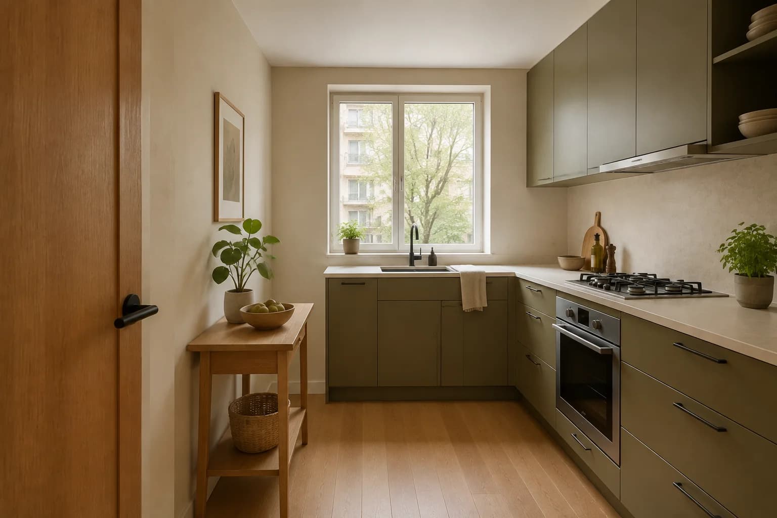 Concept illustration of muted olive kitchen cabinets and a pale worktop, continuing the apartment's oak floor and warm walls.
