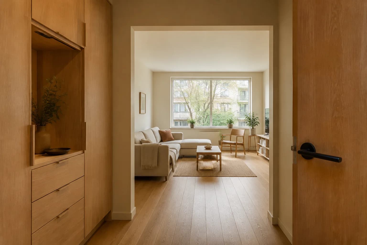 Concept illustration of an oak-floored apartment entrance opening into a softly lit living room.