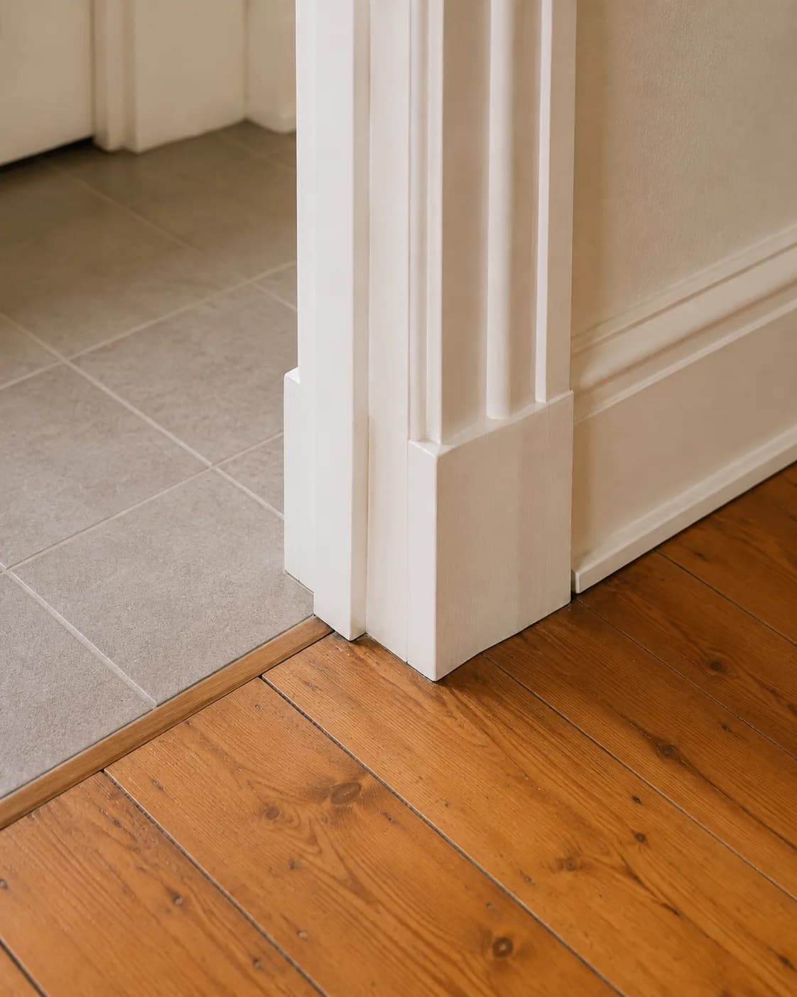 Concept detail of painted internal joinery beside a transition between entrance tiles and timber flooring.