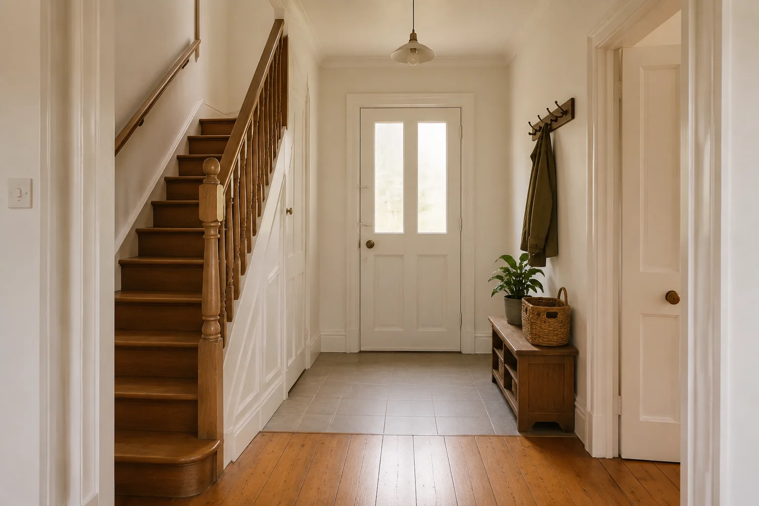 Concept entrance with storage, a timber staircase and a tiled strip meeting the home's timber floor.
