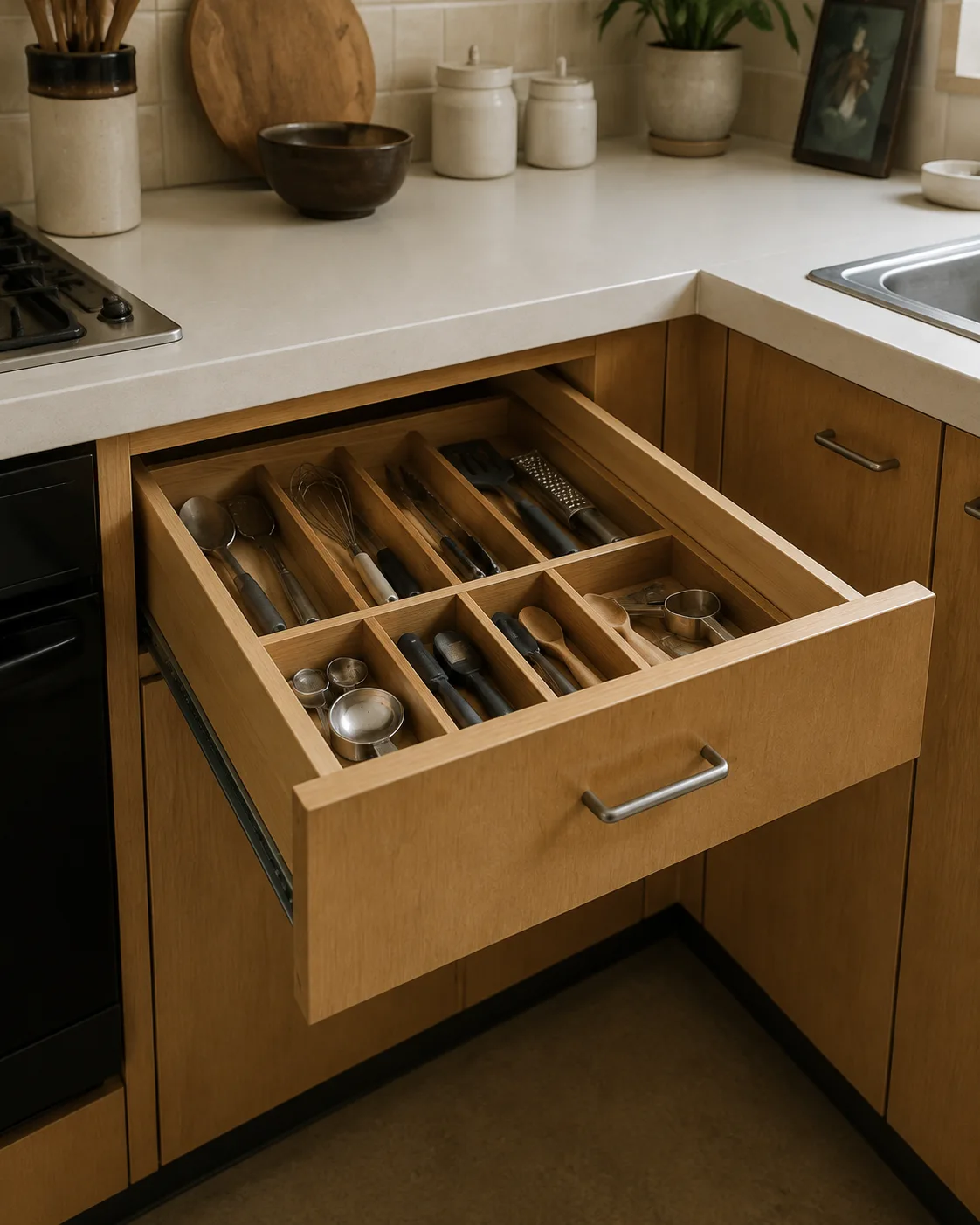 Concept illustration of an open storage drawer within pale timber kitchen cabinetry.
