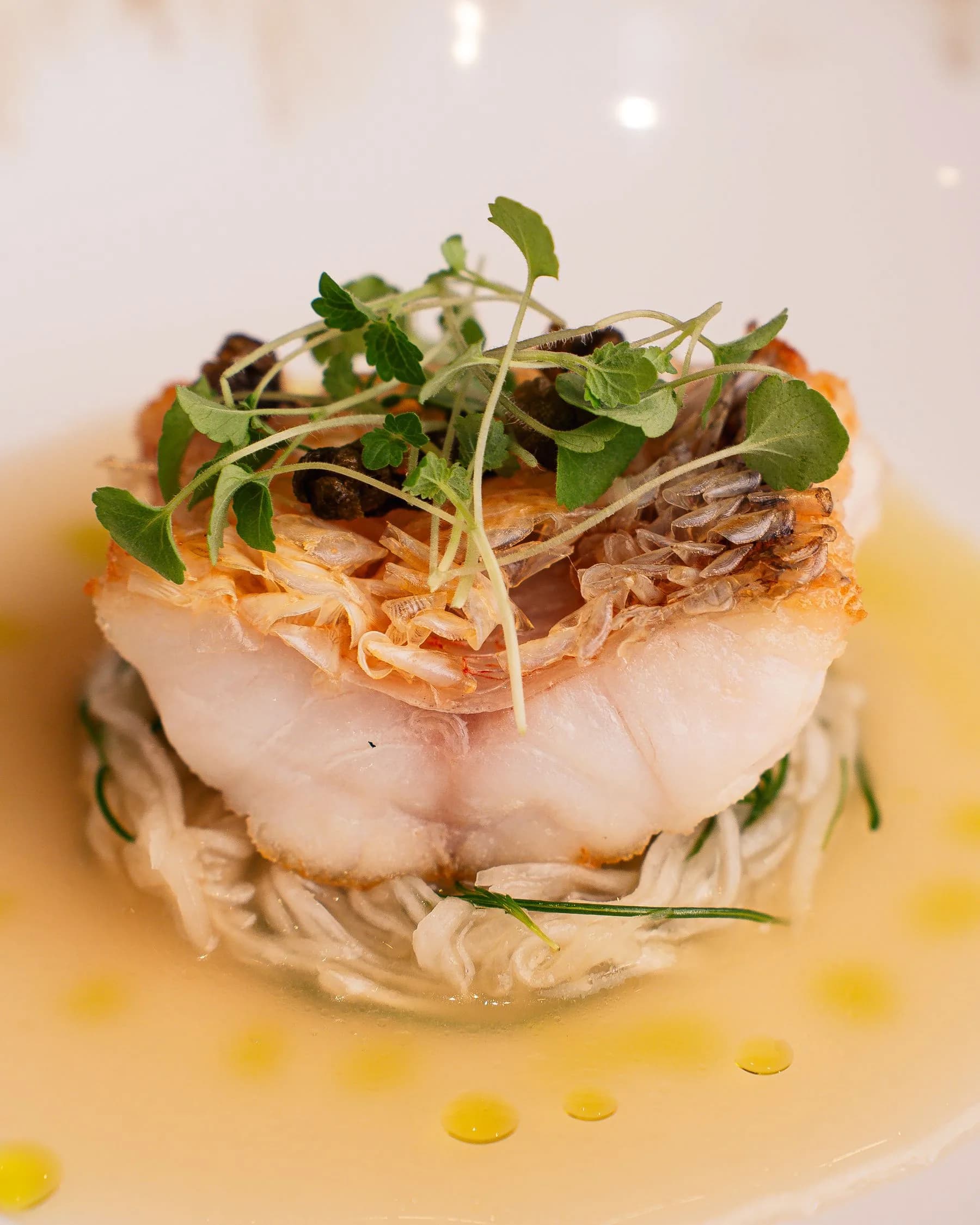 A delicately plated fish course finished with fresh herbs