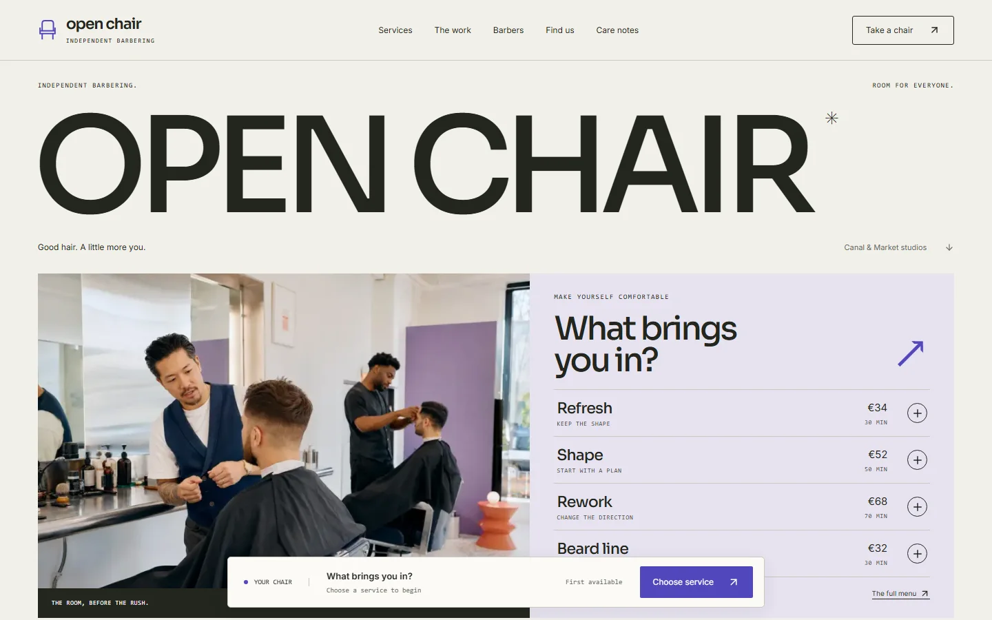 Open Chair original website demonstration, with its identity, barbers and services