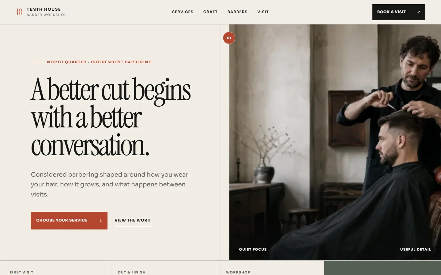 Tenth House barber workshop website, with warm editorial typography and a close view of the craft