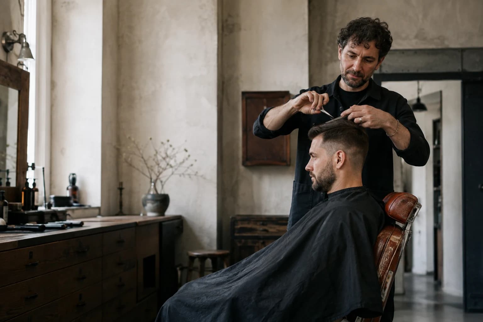 A barber carefully shaping a client's haircut in a bright workshop