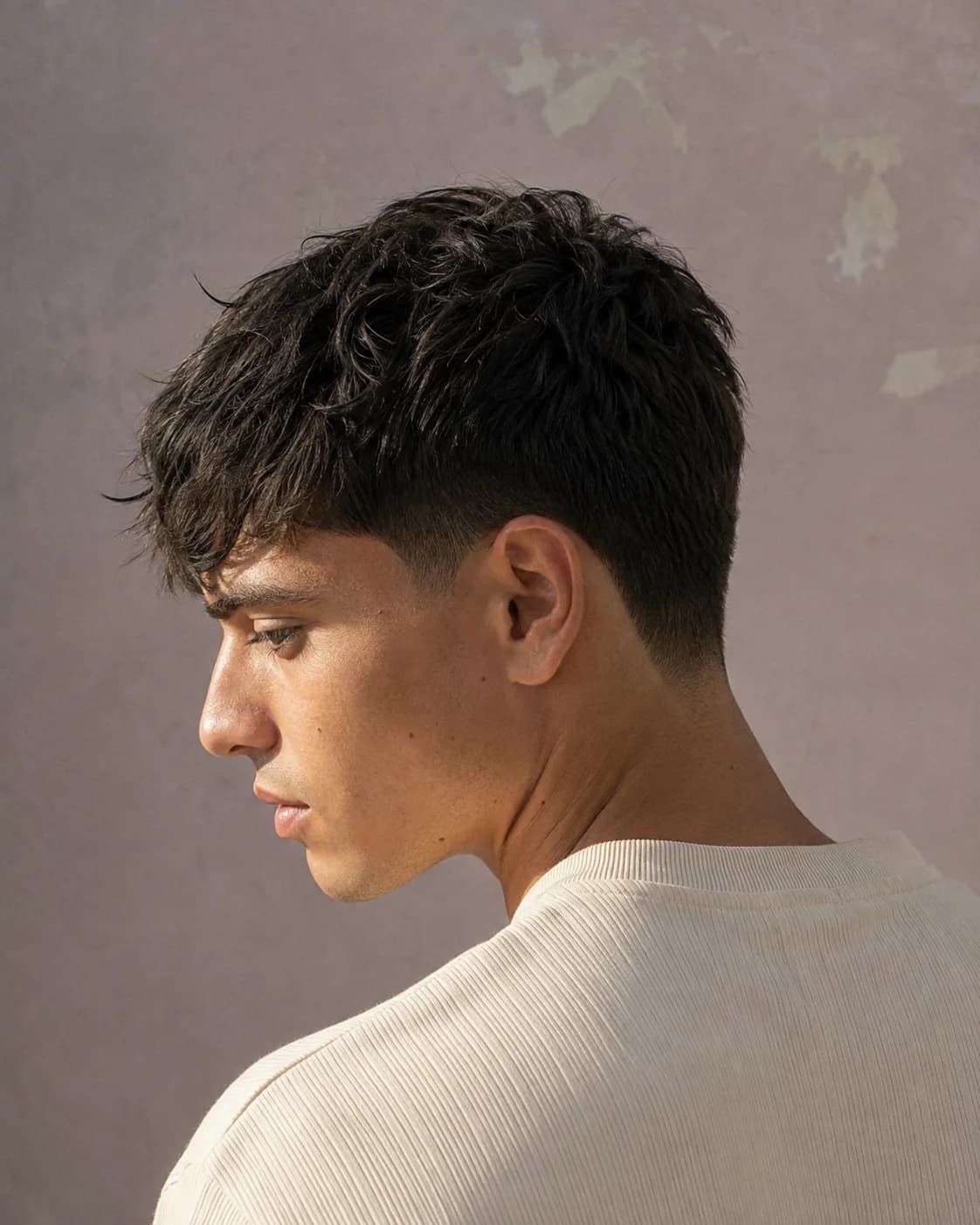 A soft textured crop with a close taper, shown in profile